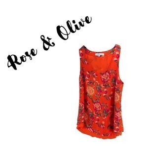 24-💼Rose + Olive Layered Floral Tank. Fully Lined. Orange
